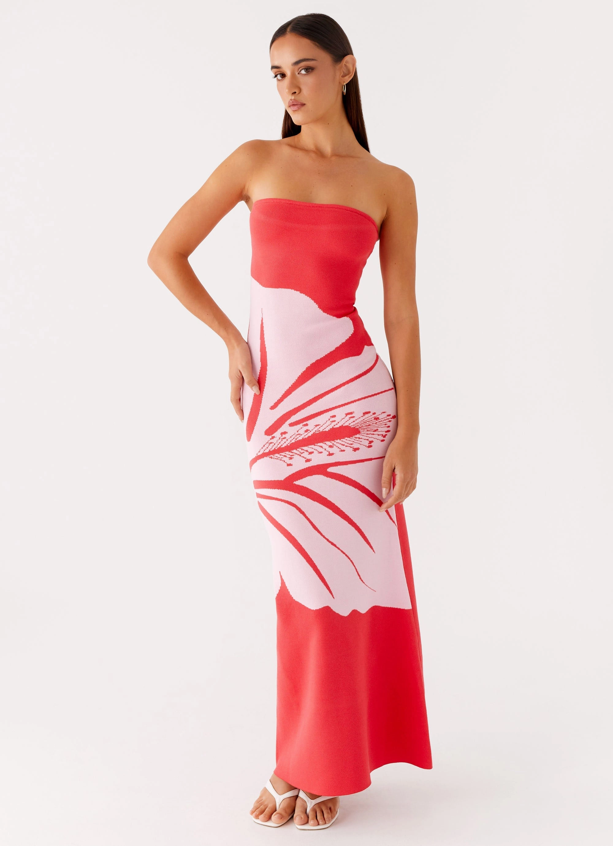 Tassel-Detail Jala Strapless Knit Maxi Dress - Red Floral