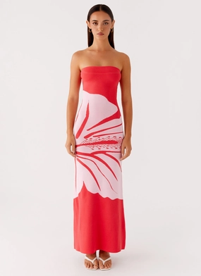 Minimal Touch Smooth Layering Jala Strapless Knit Maxi Dress - Red Floral
