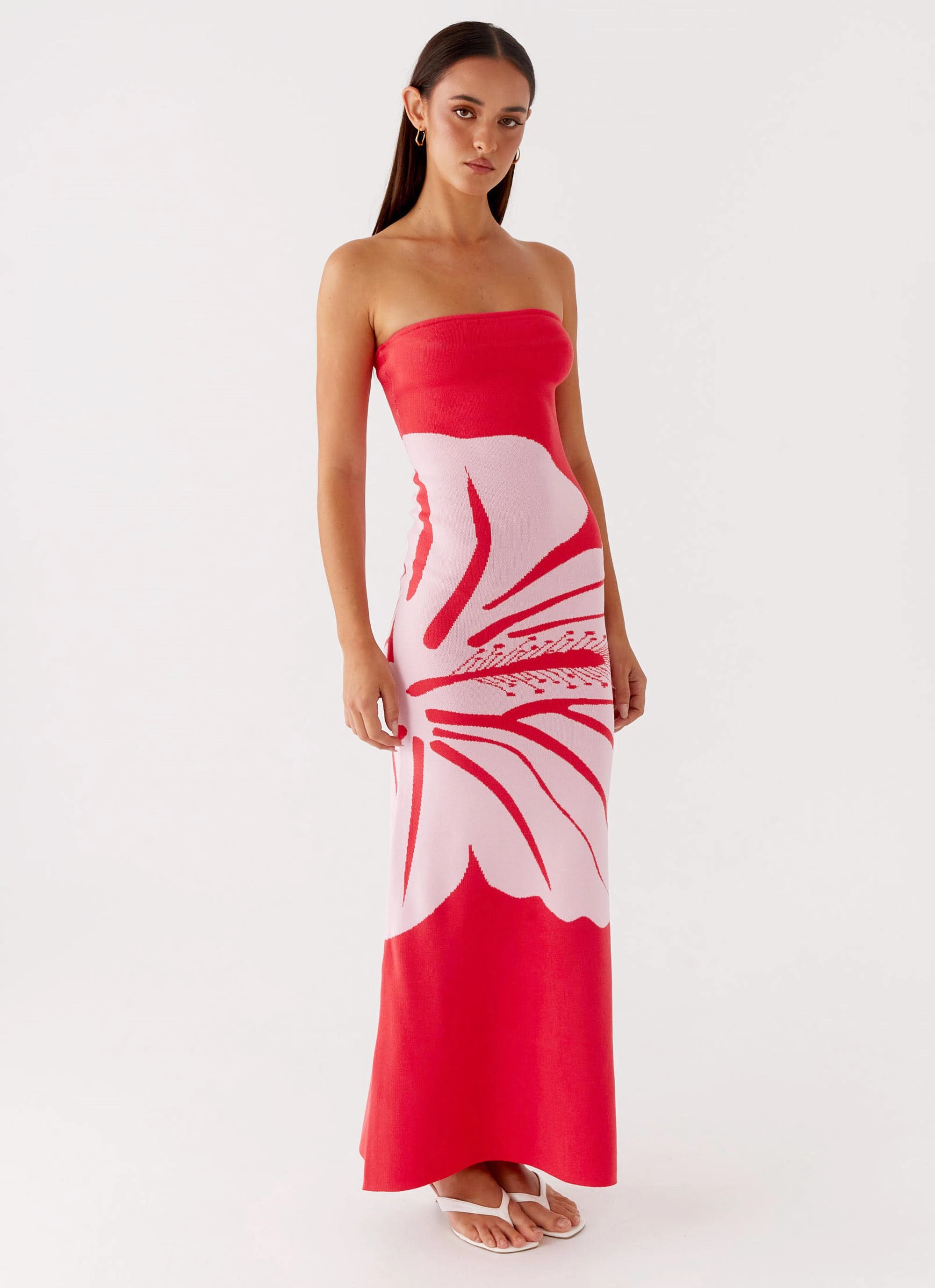 Jala Strapless Knit Maxi Dress - Red Floral Office Smart