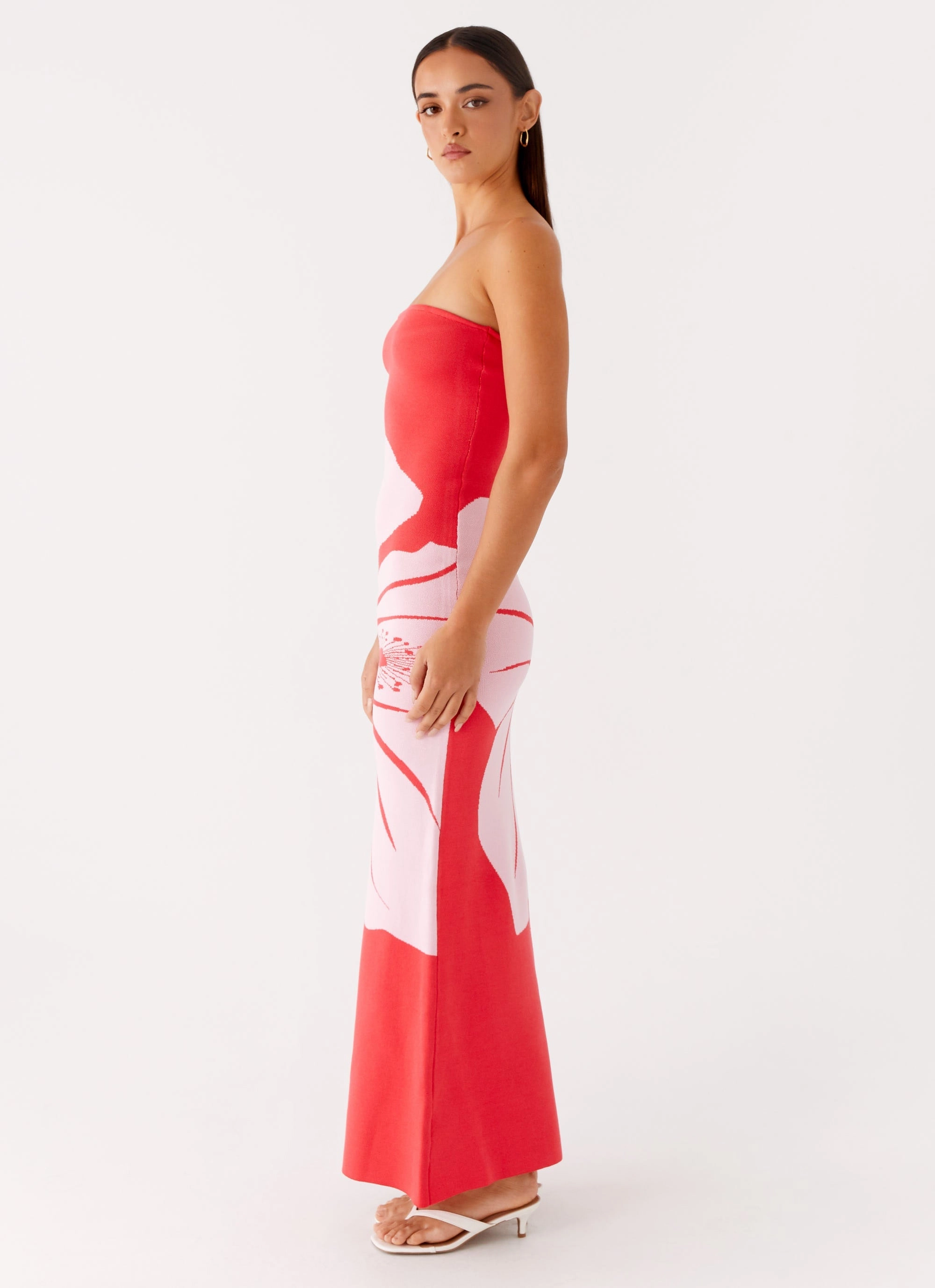 Front-Slit Jala Strapless Knit Maxi Dress - Red Floral