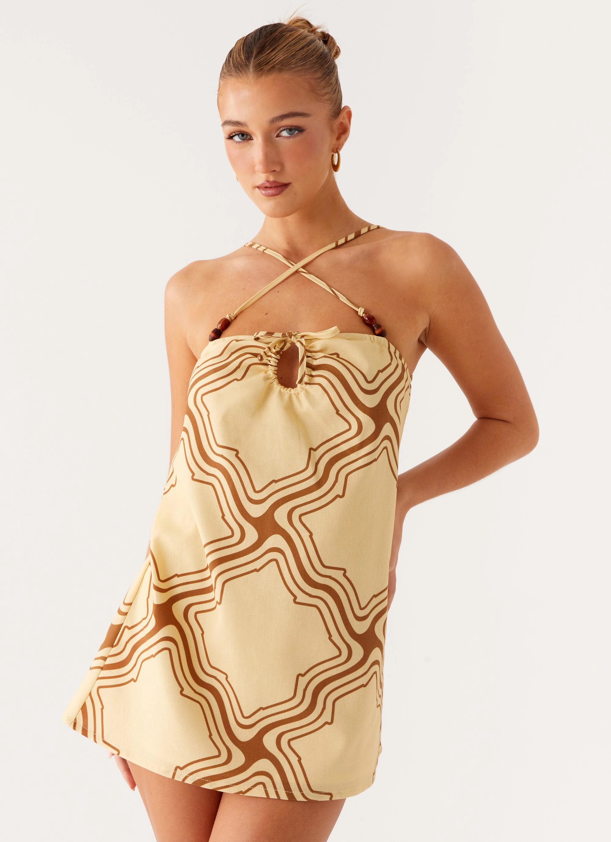 Bohemian style Naomi Criss Cross Mini Dress - Tidal Wave Print