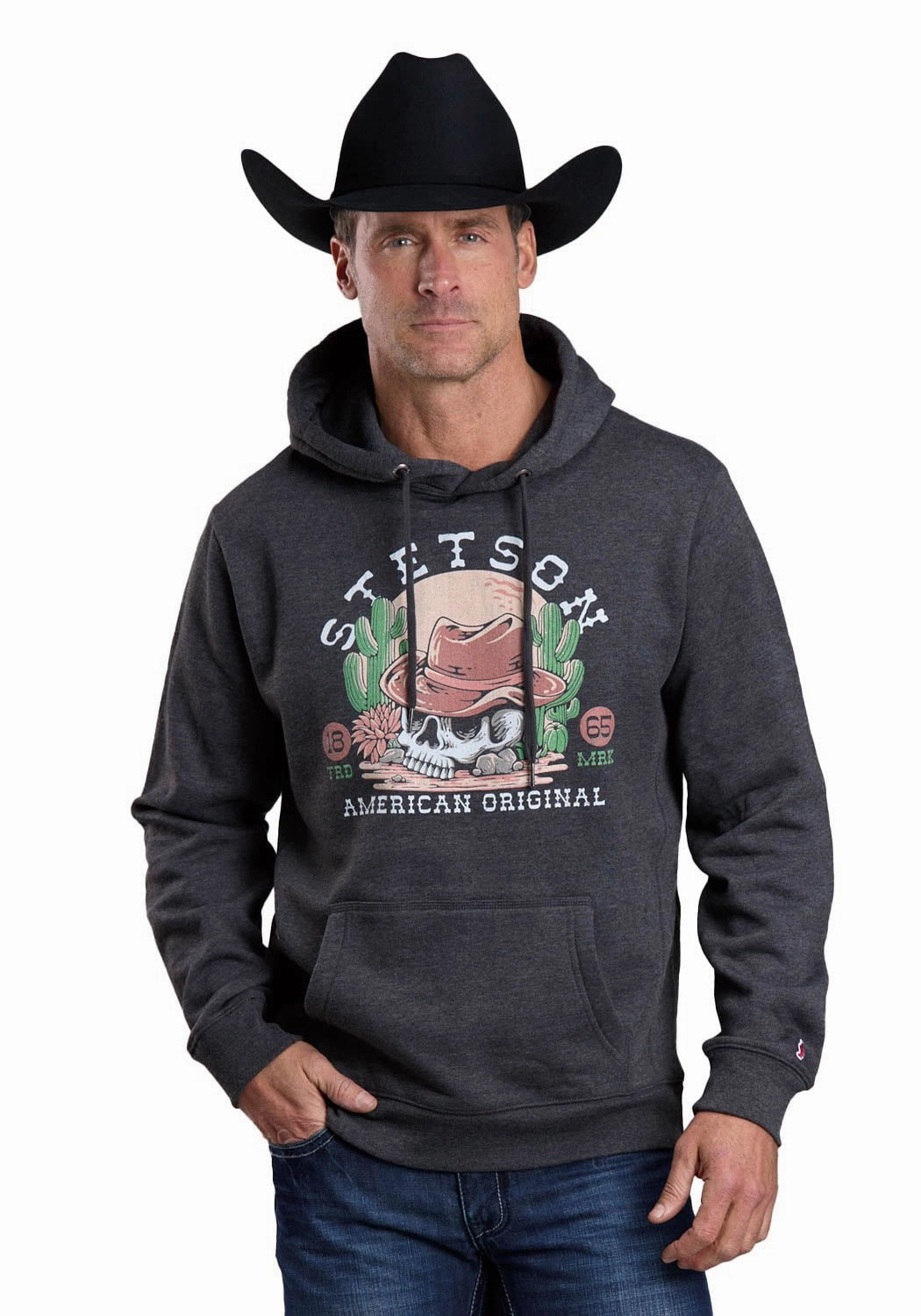 Modular Attachment System Stetson Mens Skull With Cowboy Hat Charcoal Poly/Cotton Hoodie