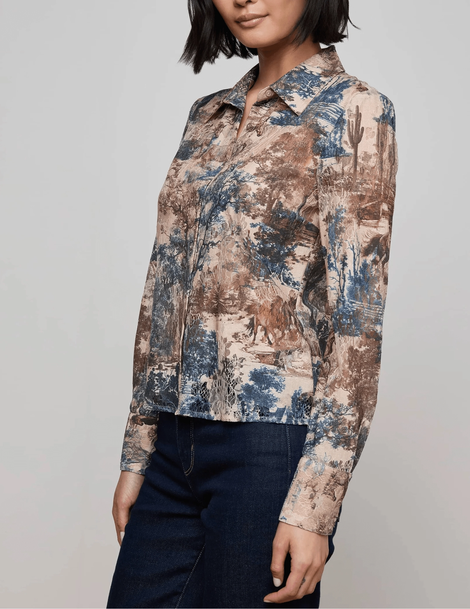 L'AGENCE Maia Printed Lace Blouse in Tan Multi Western Toile Tear Resistant Reinforcement