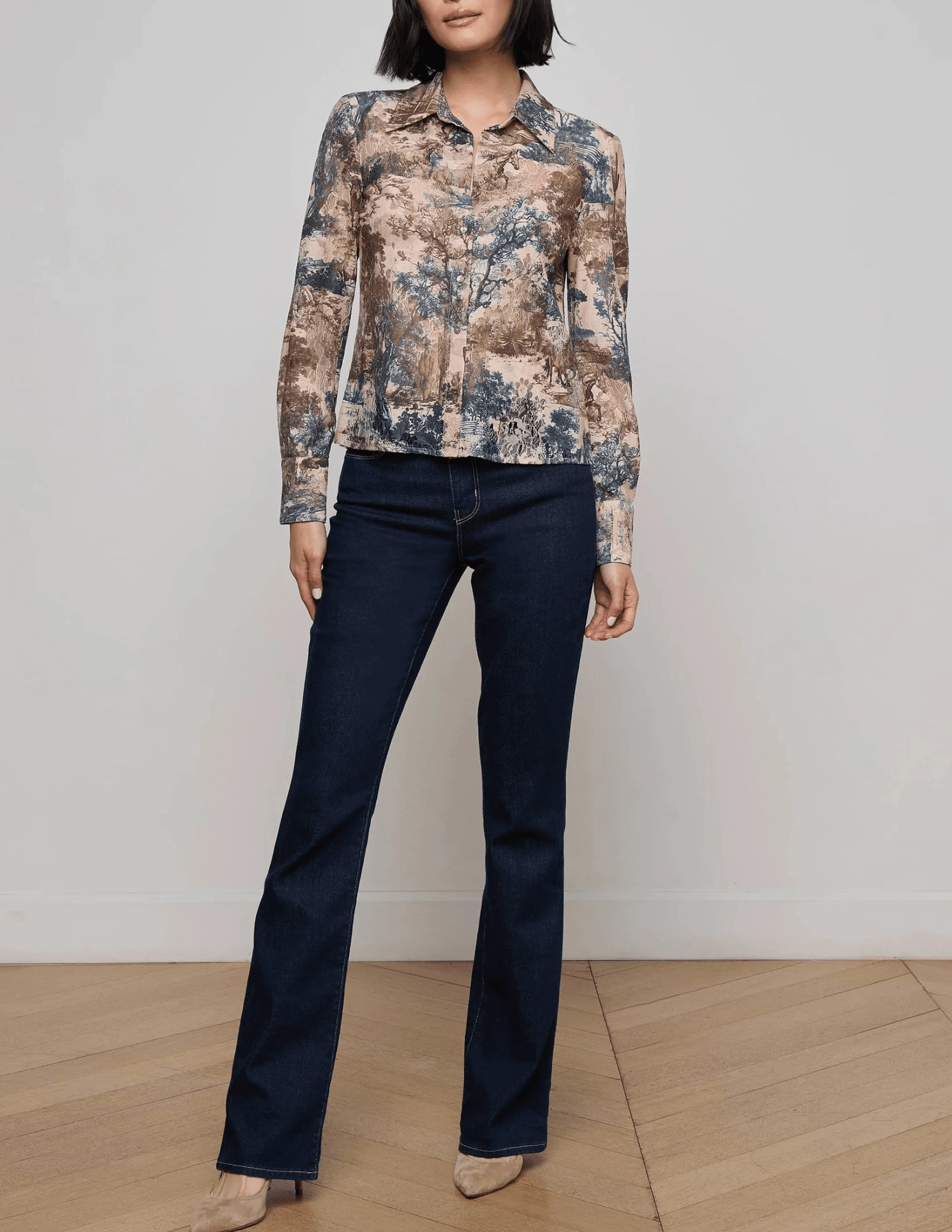 Abrasion Resistant Surface L'AGENCE Maia Printed Lace Blouse in Tan Multi Western Toile
