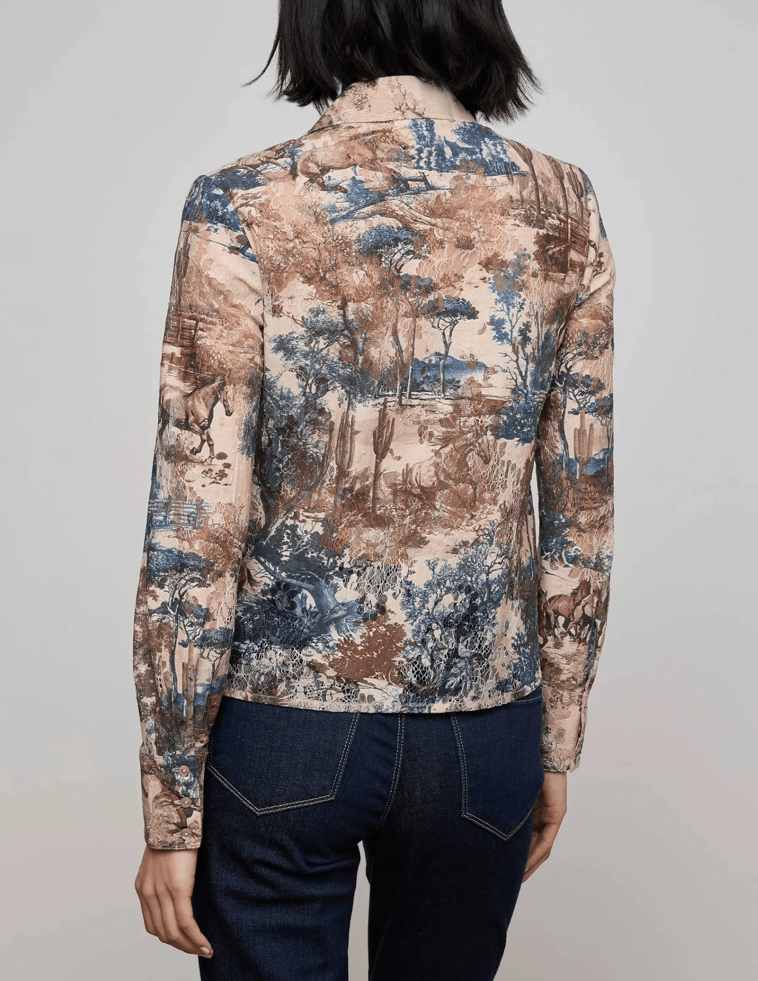 L'AGENCE Maia Printed Lace Blouse in Tan Multi Western Toile Clean Cut Rayon drape