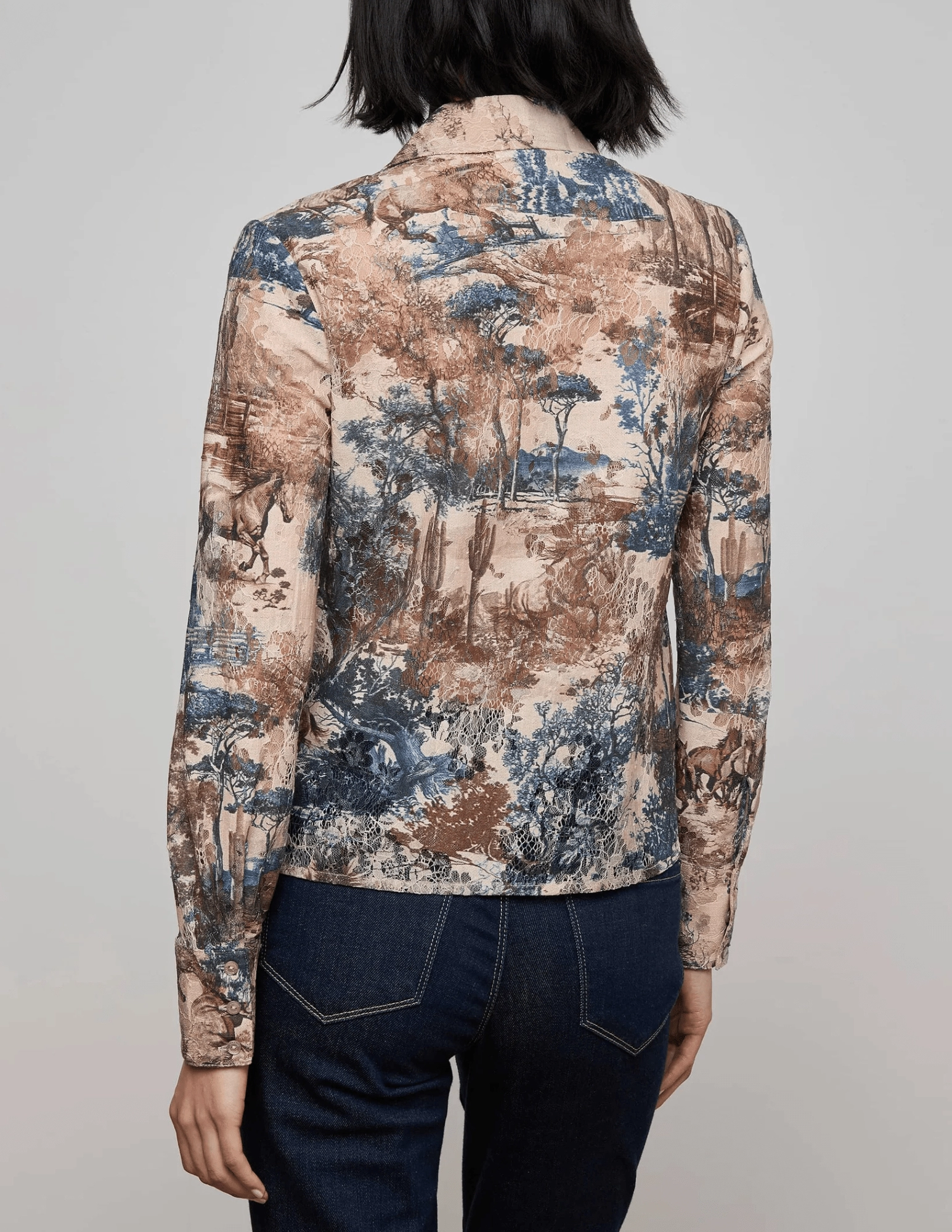 L'AGENCE Maia Printed Lace Blouse in Tan Multi Western Toile Laser Cut Edges