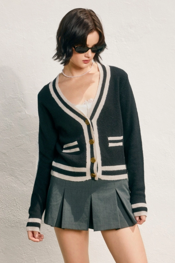 DurableDoubleLayeredHem Preppy V-Neck Cardigan