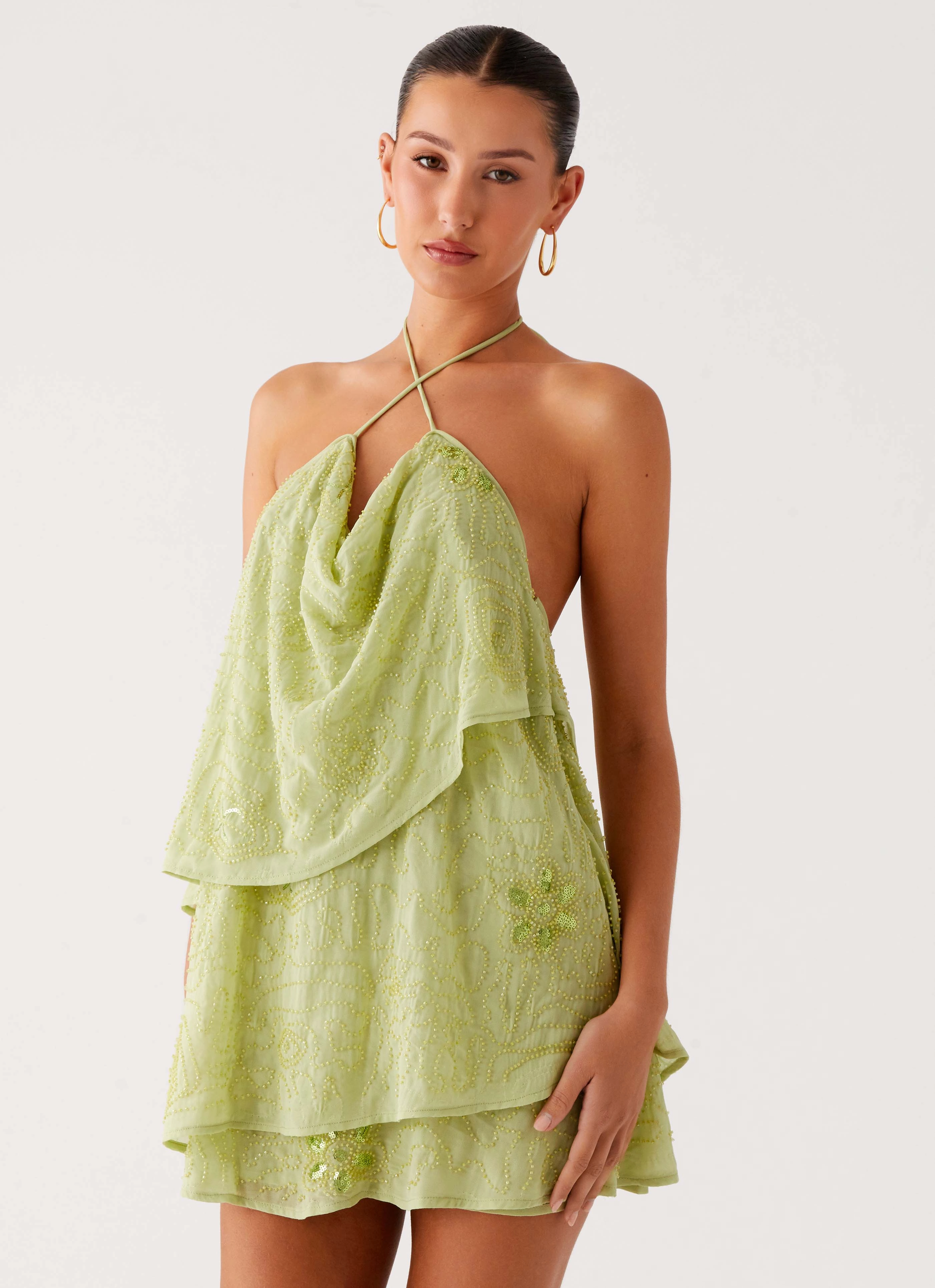 On The Go Beaded Mini Dress - Mint Soft Fabric