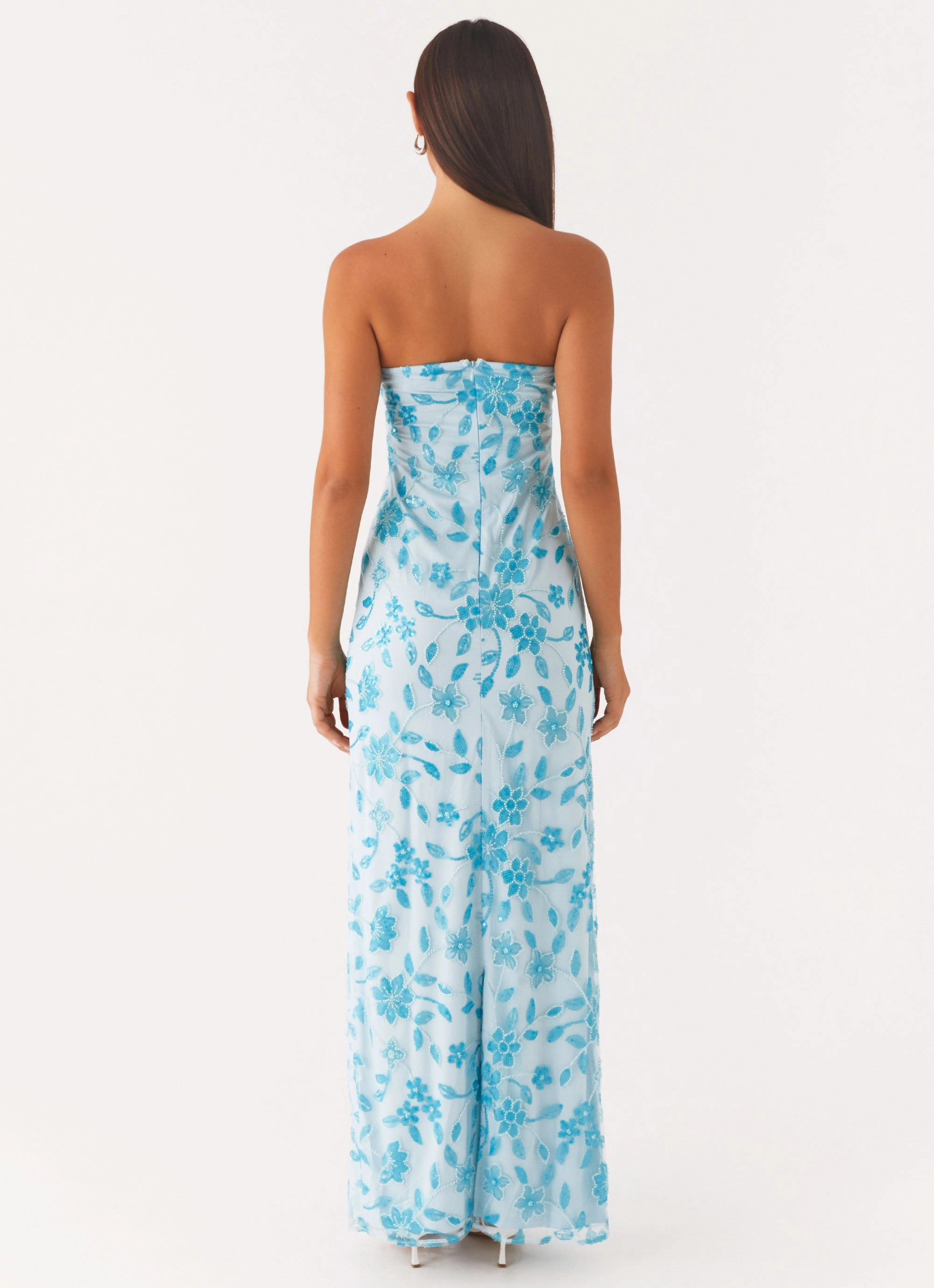 Contrast-Lining Outdoor Scene Prism Beaded Maxi Dress - Blue