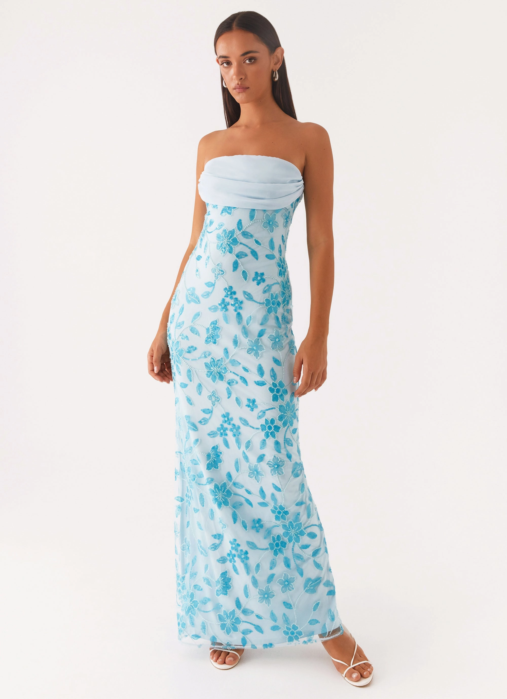 Contrasting Detail Knot-Detail Prism Beaded Maxi Dress - Blue