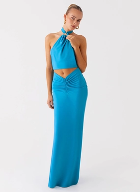 Chiquita Halter Maxi Dress - Turquoise Blue Crisp Texture