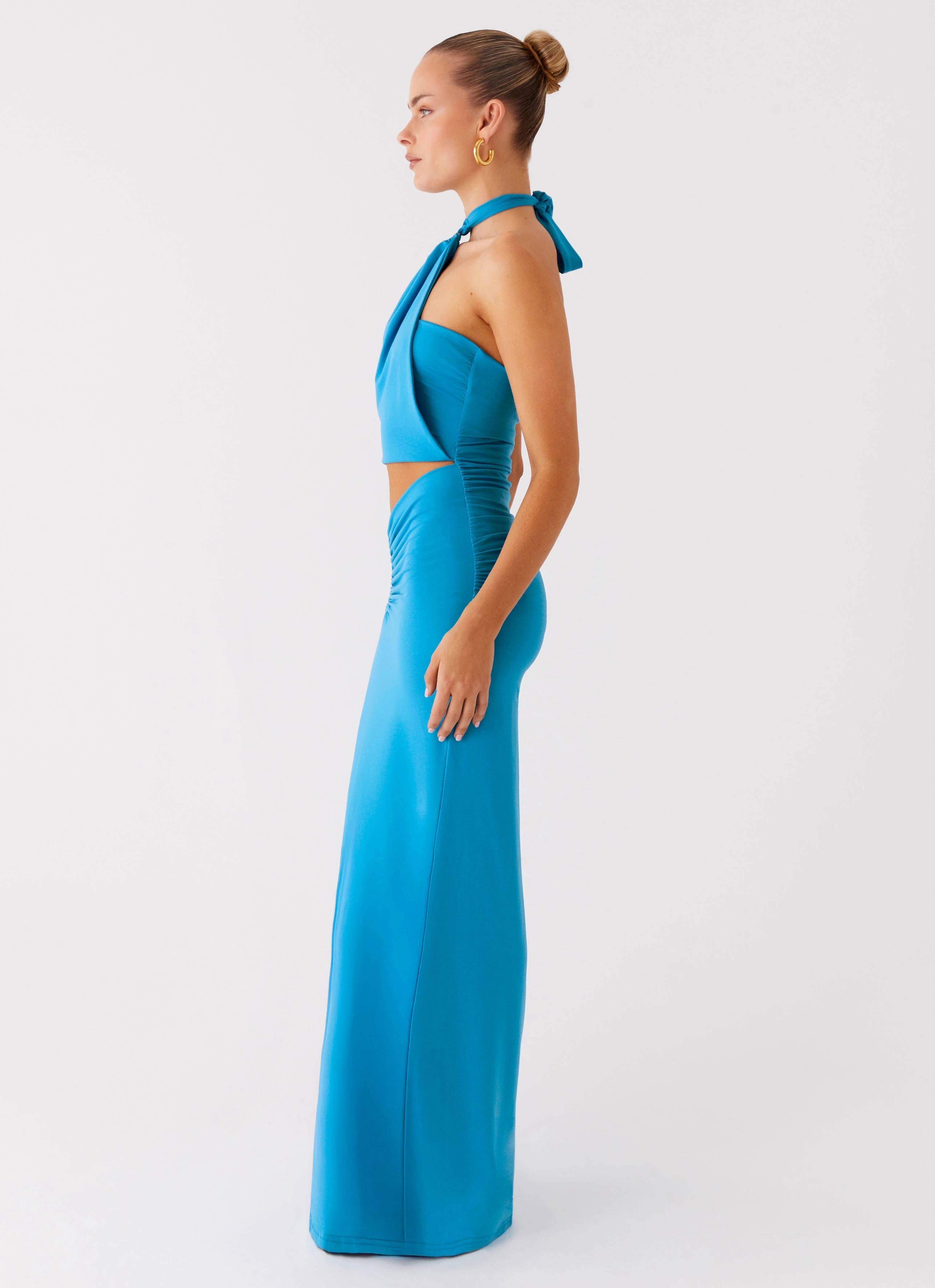 Pleat Breeze Sharp Design Chiquita Halter Maxi Dress - Turquoise Blue