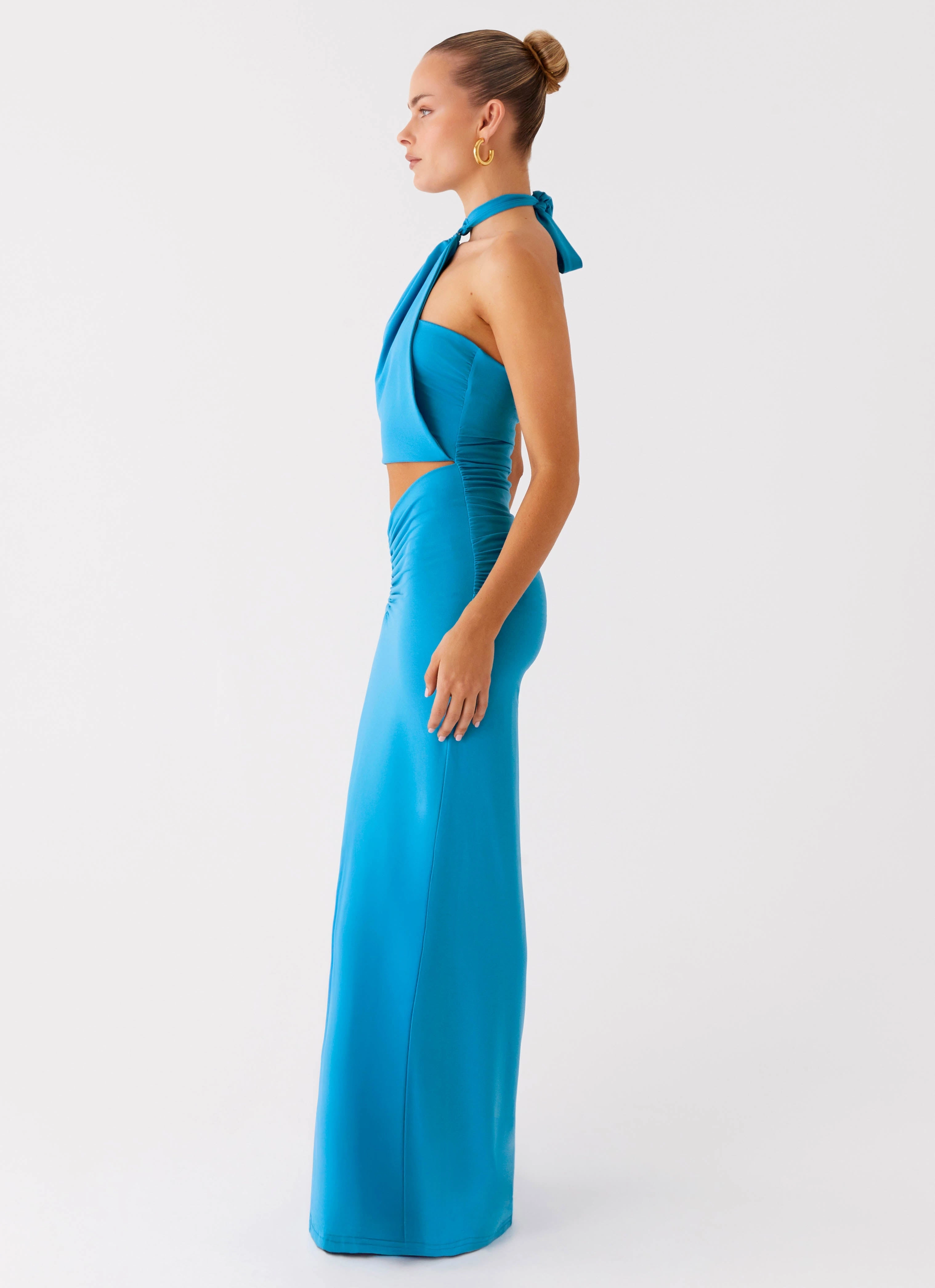 Chiquita Halter Maxi Dress - Turquoise Blue High-waist Nature Bloom