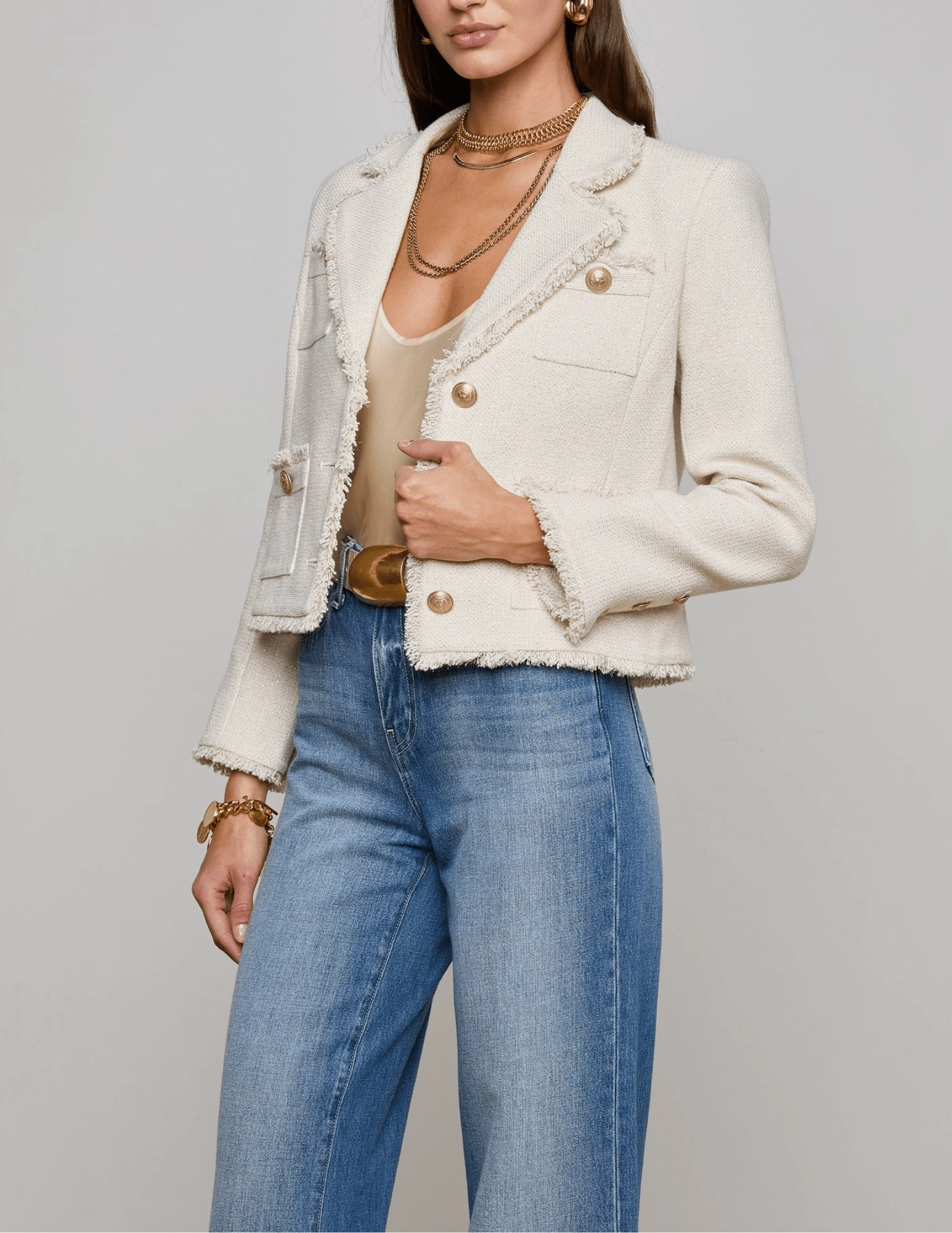 L'Agence Sylvia Collared Fringe Hem Jacket VentilatedBackPanel