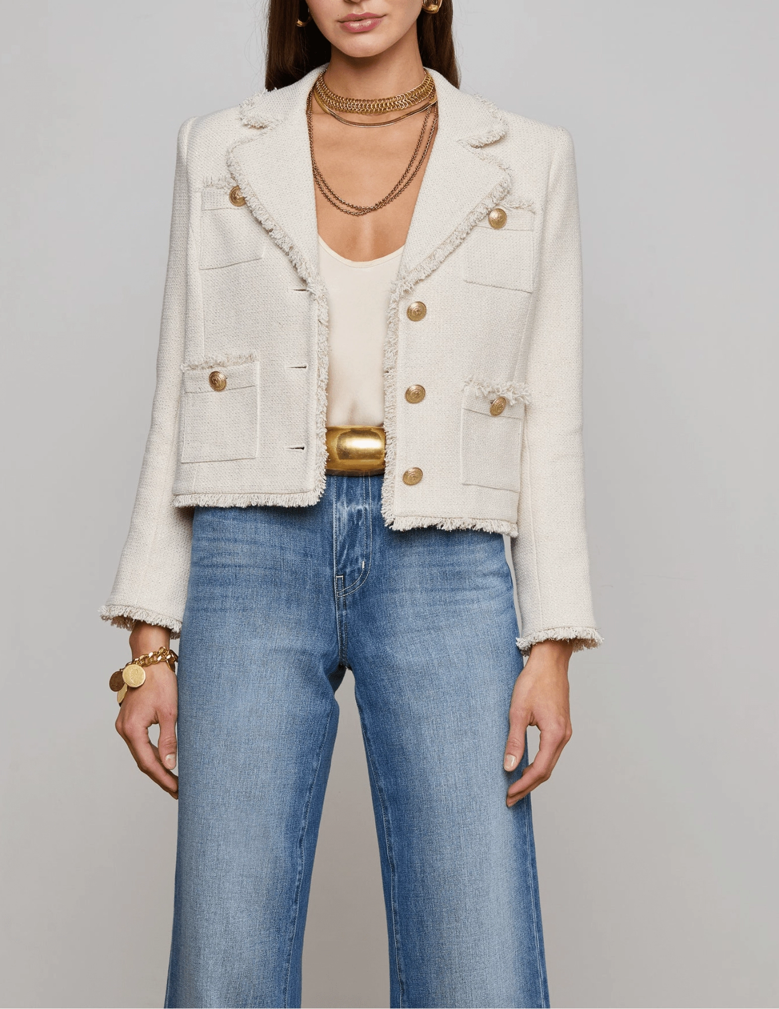 L'Agence Sylvia Collared Fringe Hem Jacket Moisture Lock Technology Perfect Comfort