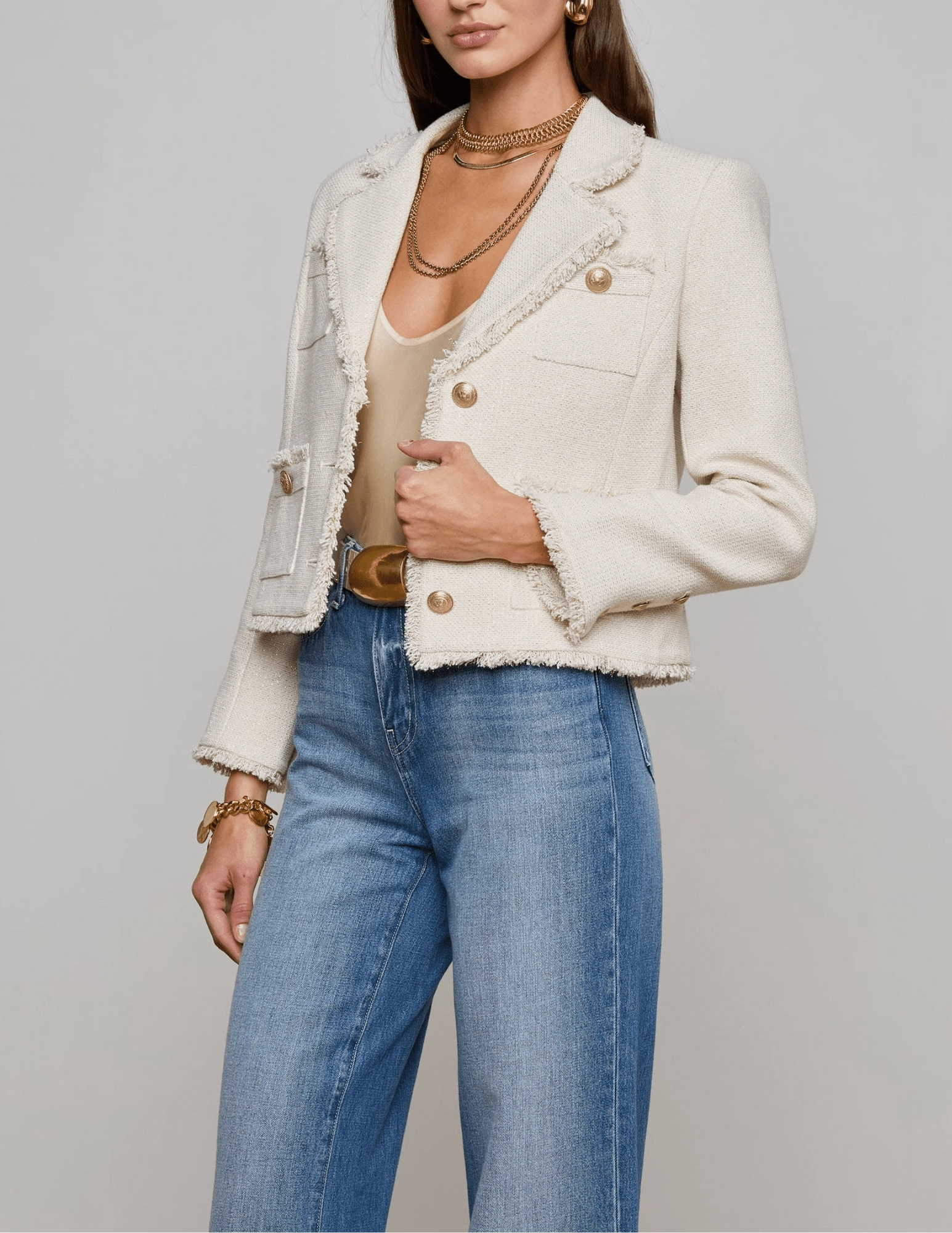 L'Agence Sylvia Collared Fringe Hem Jacket Reflective Zippers