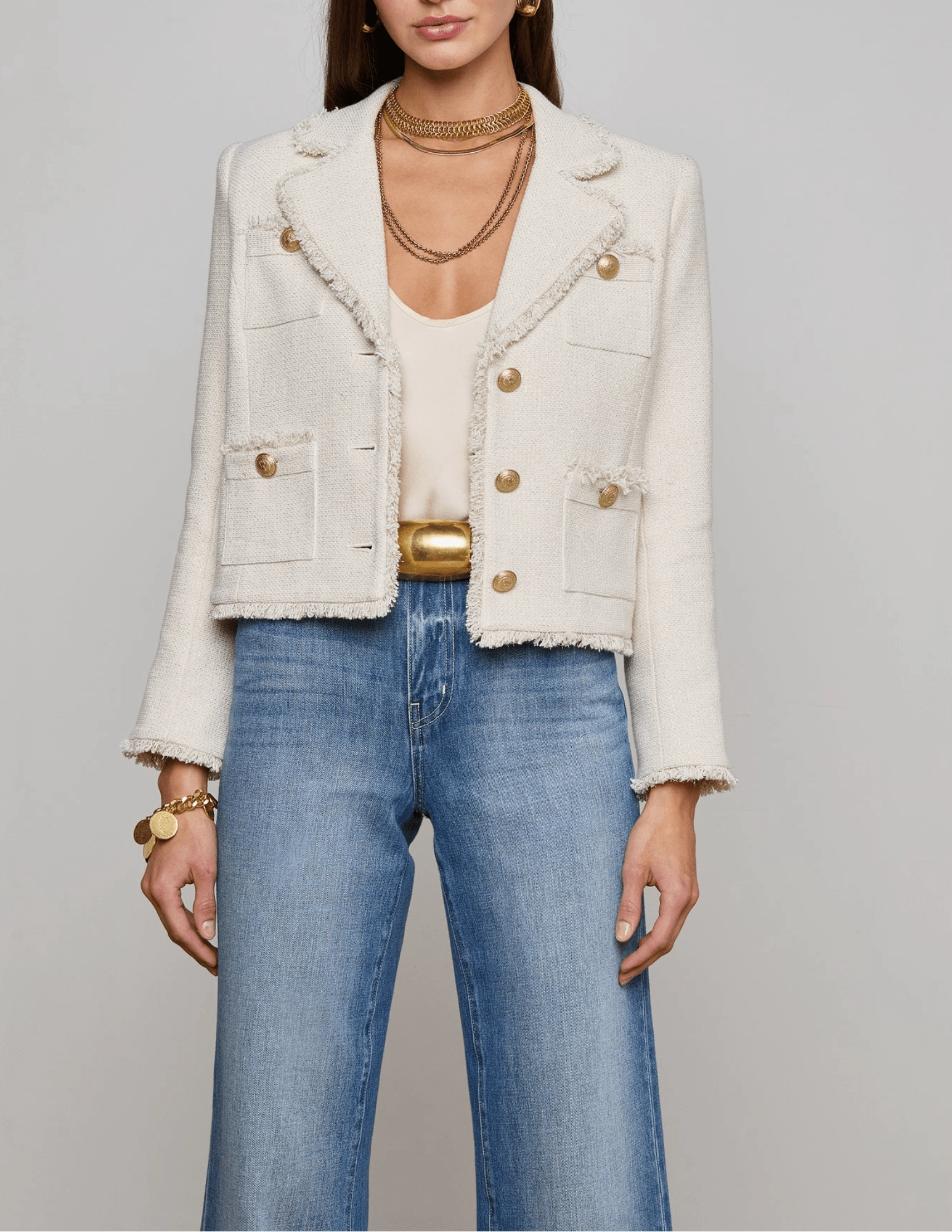 L'Agence Sylvia Collared Fringe Hem Jacket Non Irritating Edging Moisture Managing Liner