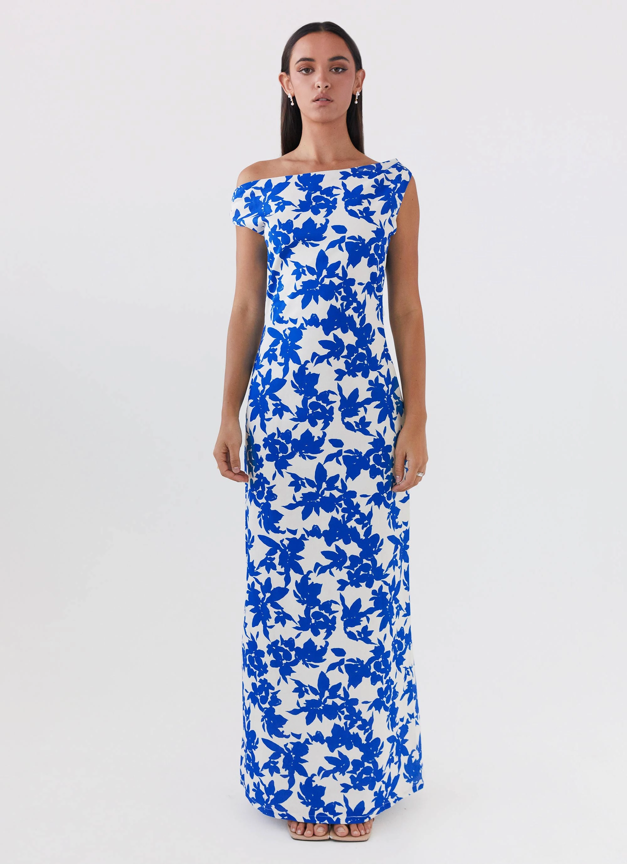 Pyper Off Shoulder Maxi Dress - Blue Floral Warm Season Work or Play