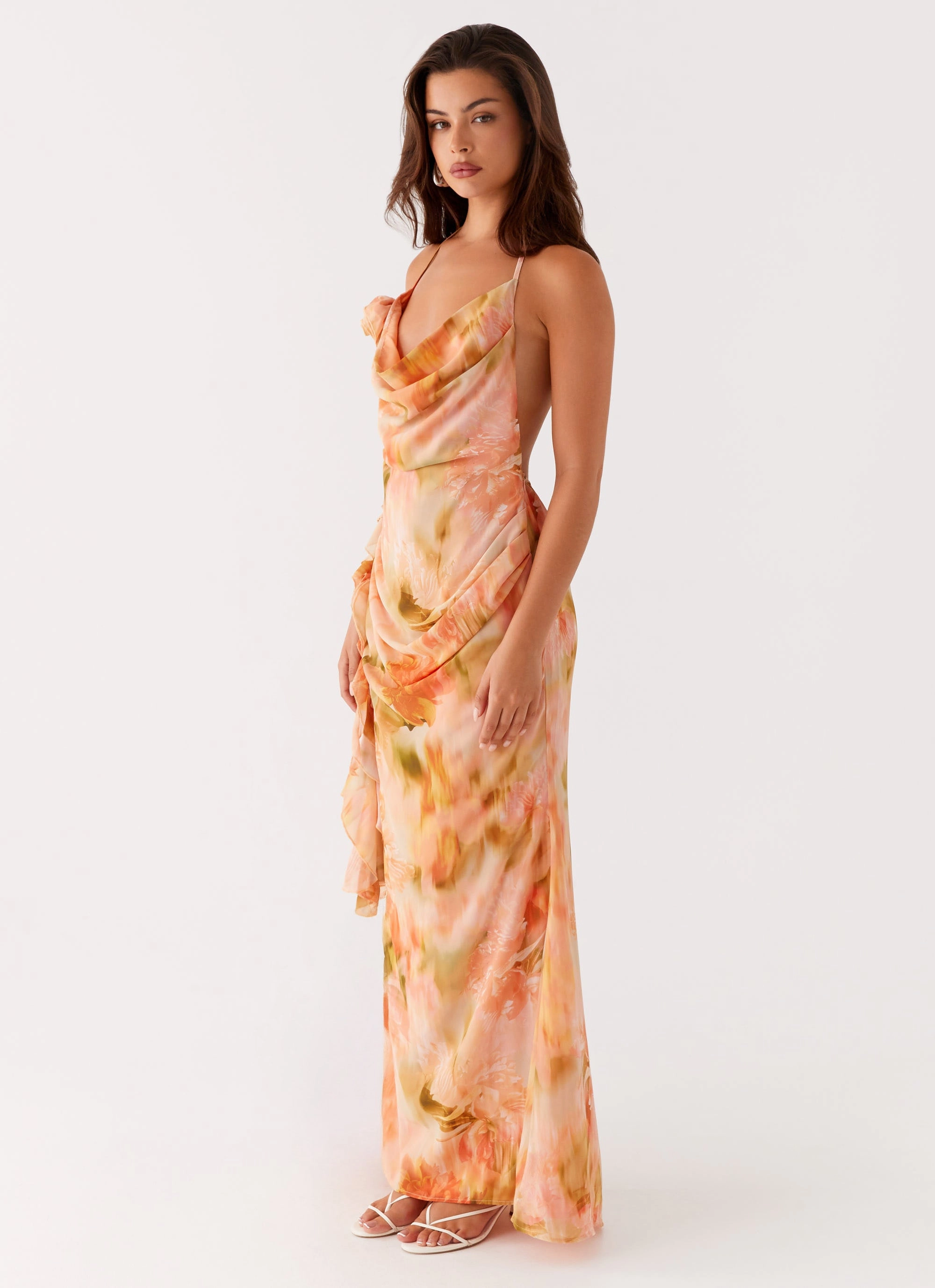 Wrap-Style Floral Swing Diedre Rose Strappy Maxi Dress - Sunset Floral