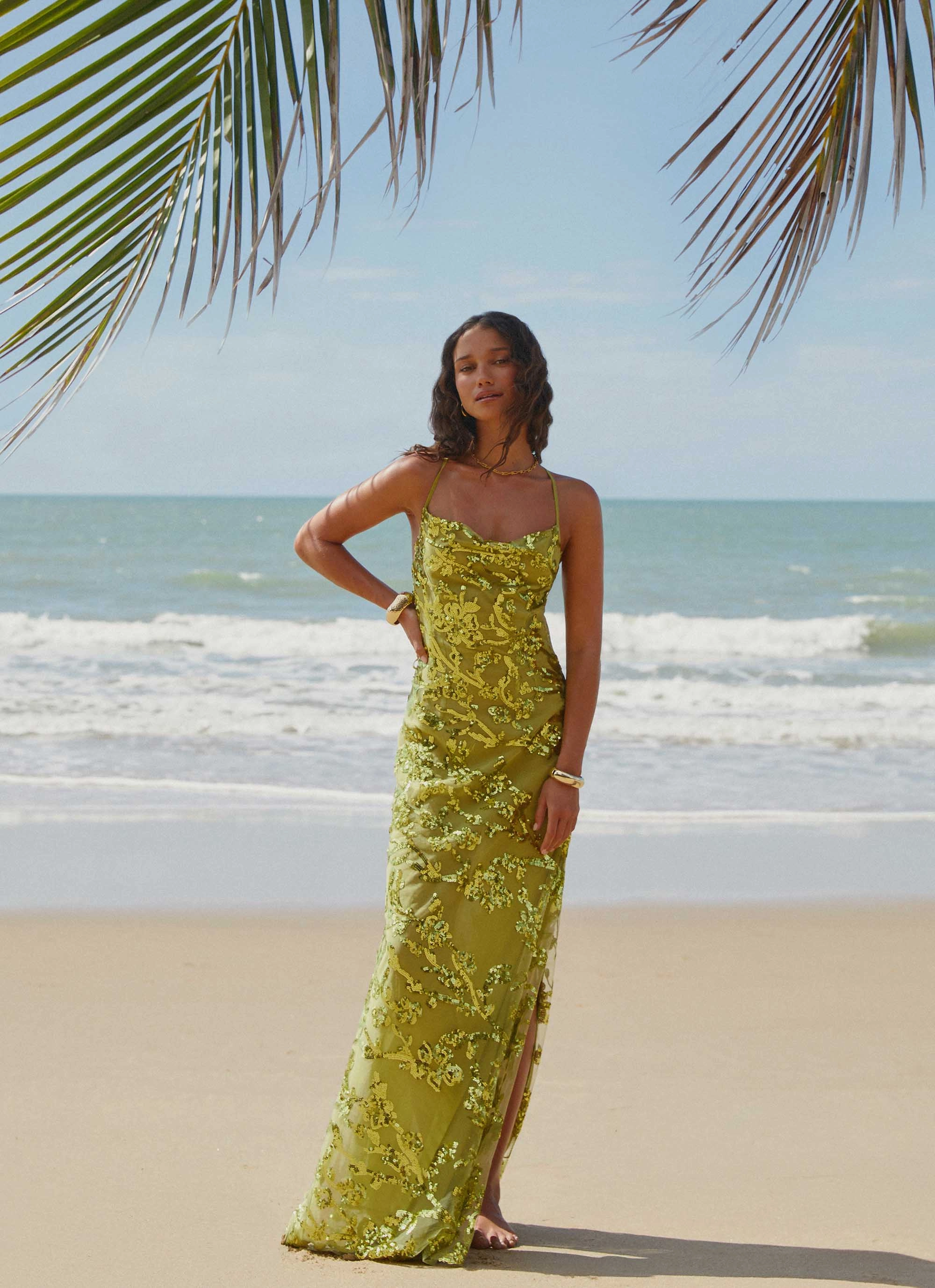 Havana Sequin Maxi Dress - Lime Polished Fit Natural Feel