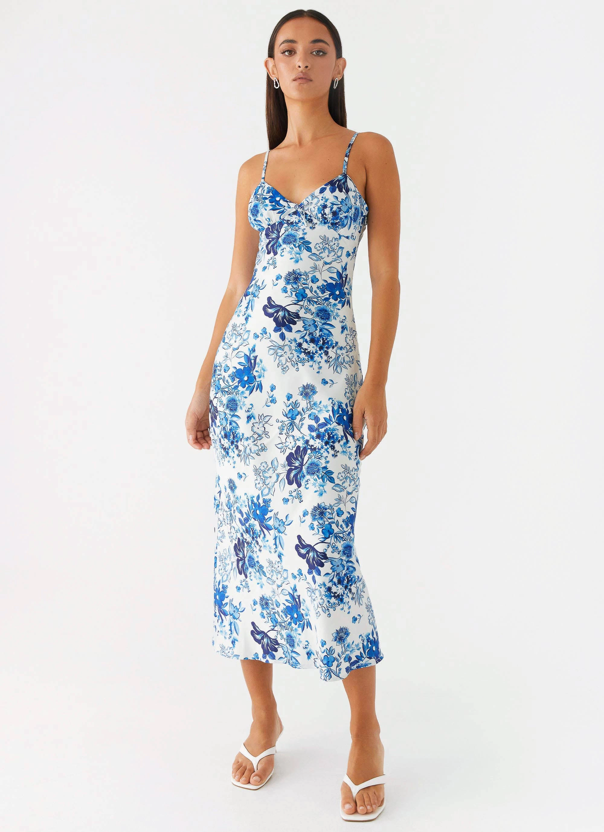 Fitted Look Take Chances Midi Dress - Serene Sky Floral