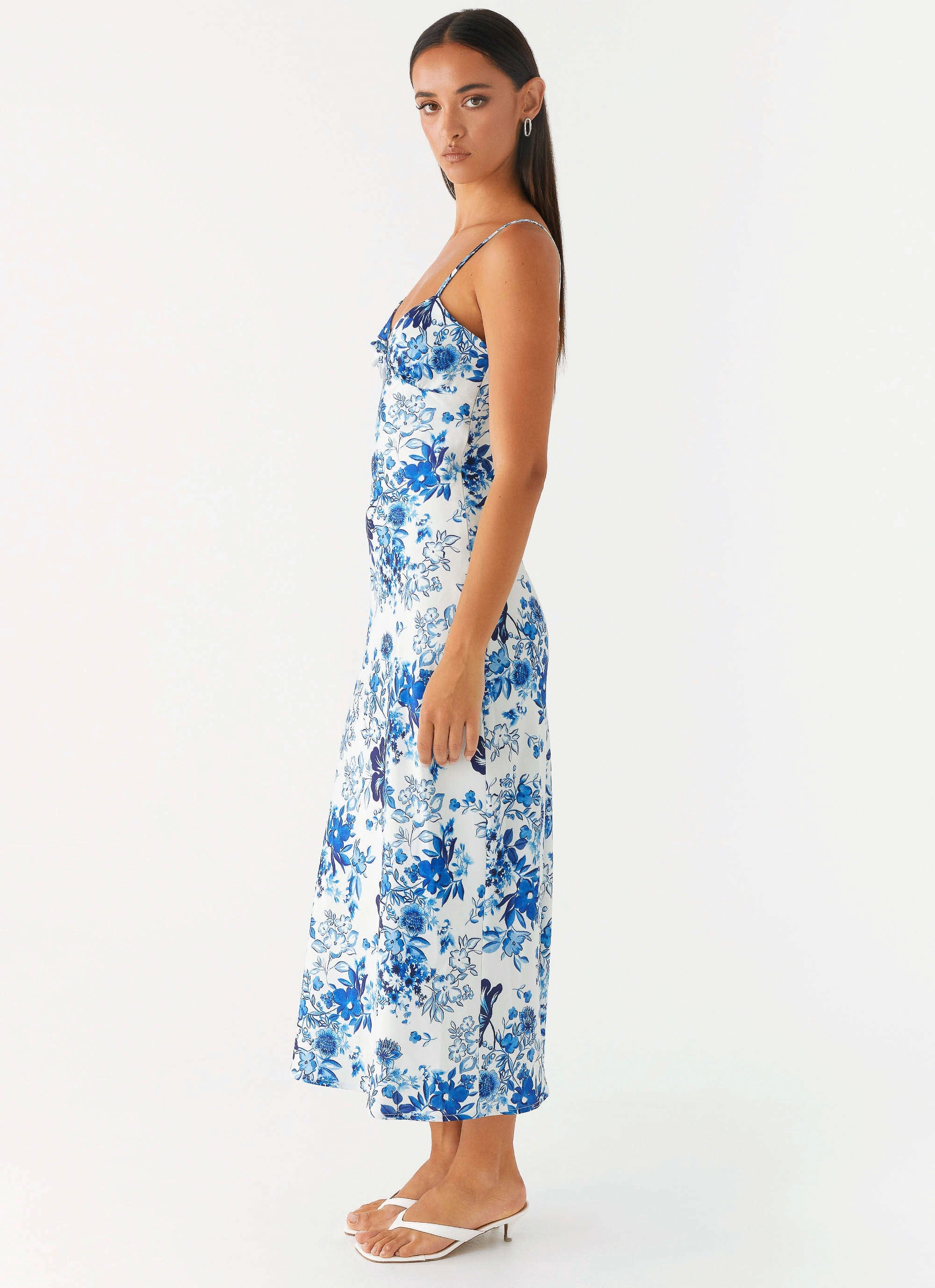 Take Chances Midi Dress - Serene Sky Floral soft elegance