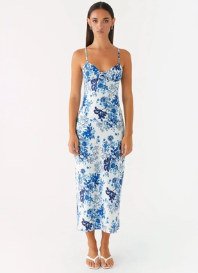 Take Chances Midi Dress - Serene Sky Floral Retro Vibes Urban Edge