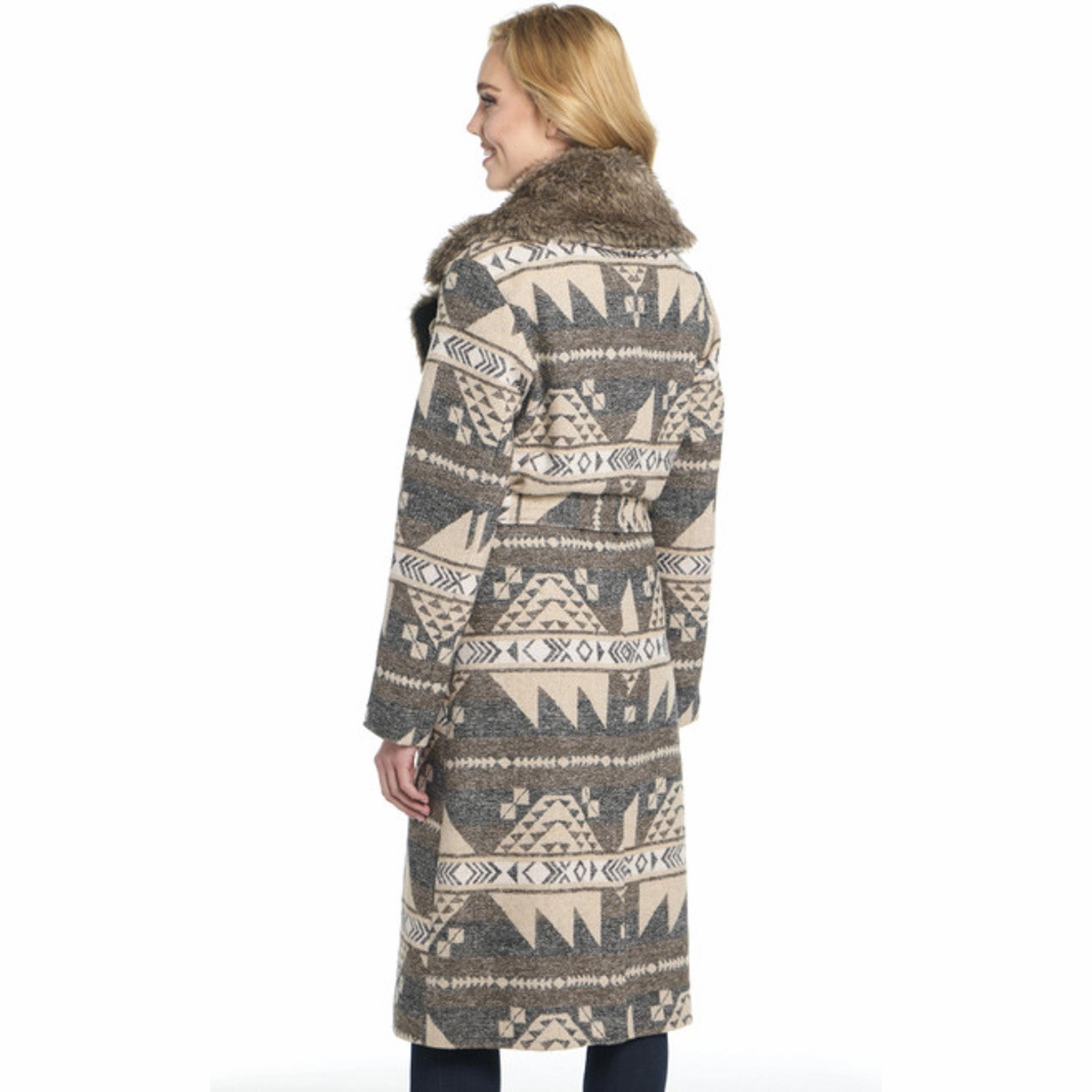 Reflective Safety Accents Cripple Creek Womens Belted Navajo Blanket Snap Wood Ash Polyester Duster Coat