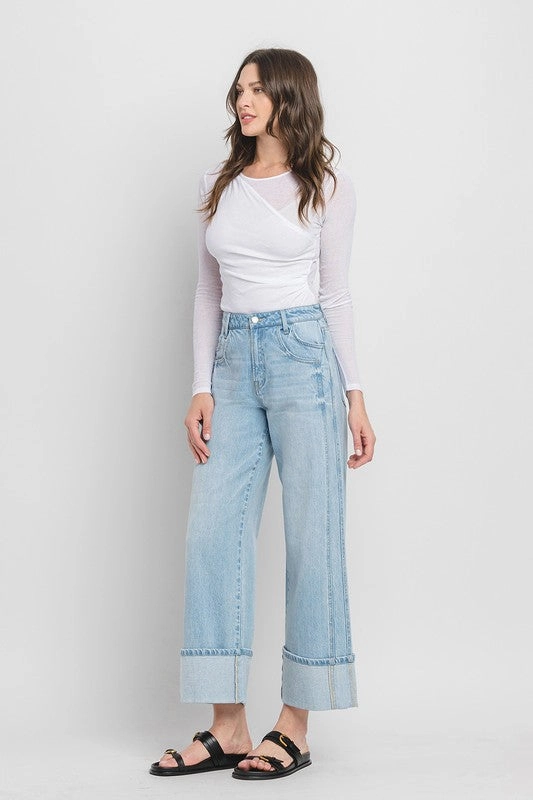 DUSTY SUPER HIGH RISE CUFFED BAGGY WIDE JEANS Microfiber texture BreathableBack