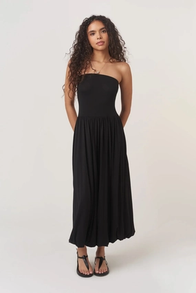 All Nighter Bubble Midi Dress - Black Sleek Cut Sweetheart Cut