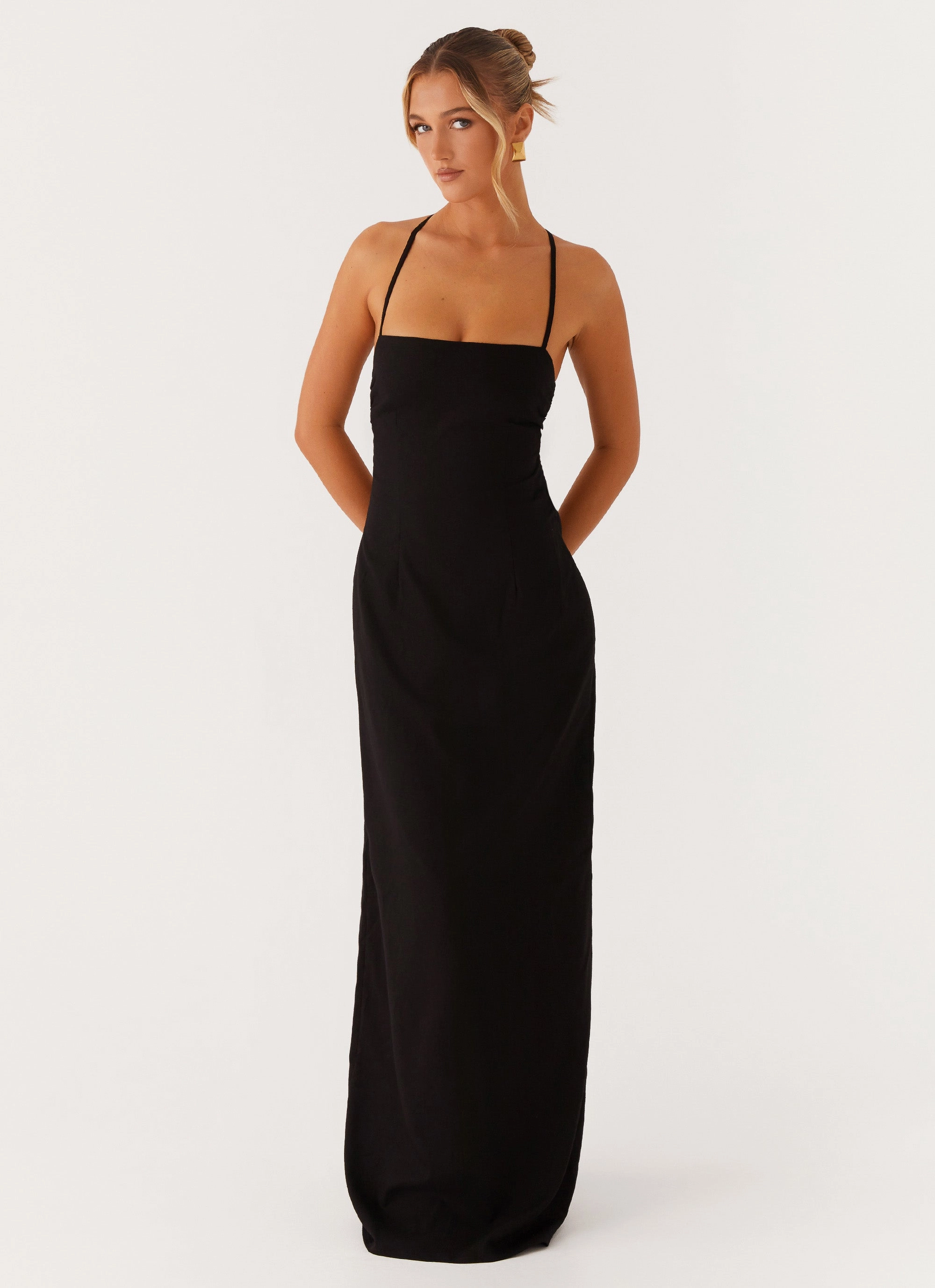 Cora Backless Maxi Dress - Black Sheer Panel Neutral Layer