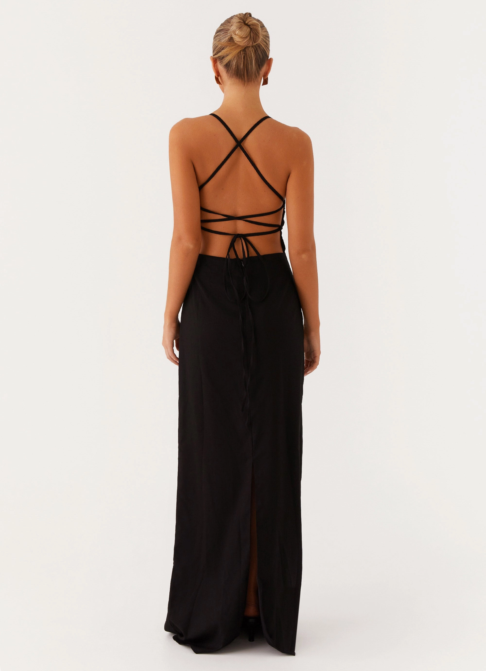 Cora Backless Maxi Dress - Black Glossy Fabric Neat Stitch