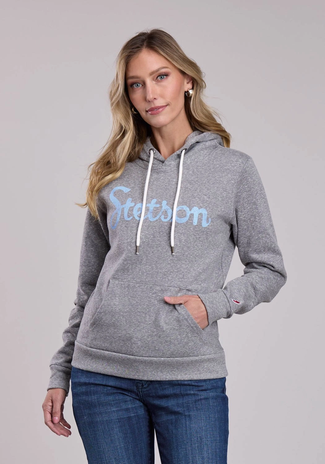 Stetson Womens Light Blue Script Logo Grey Cotton Blend Hoodie Mesh Lining