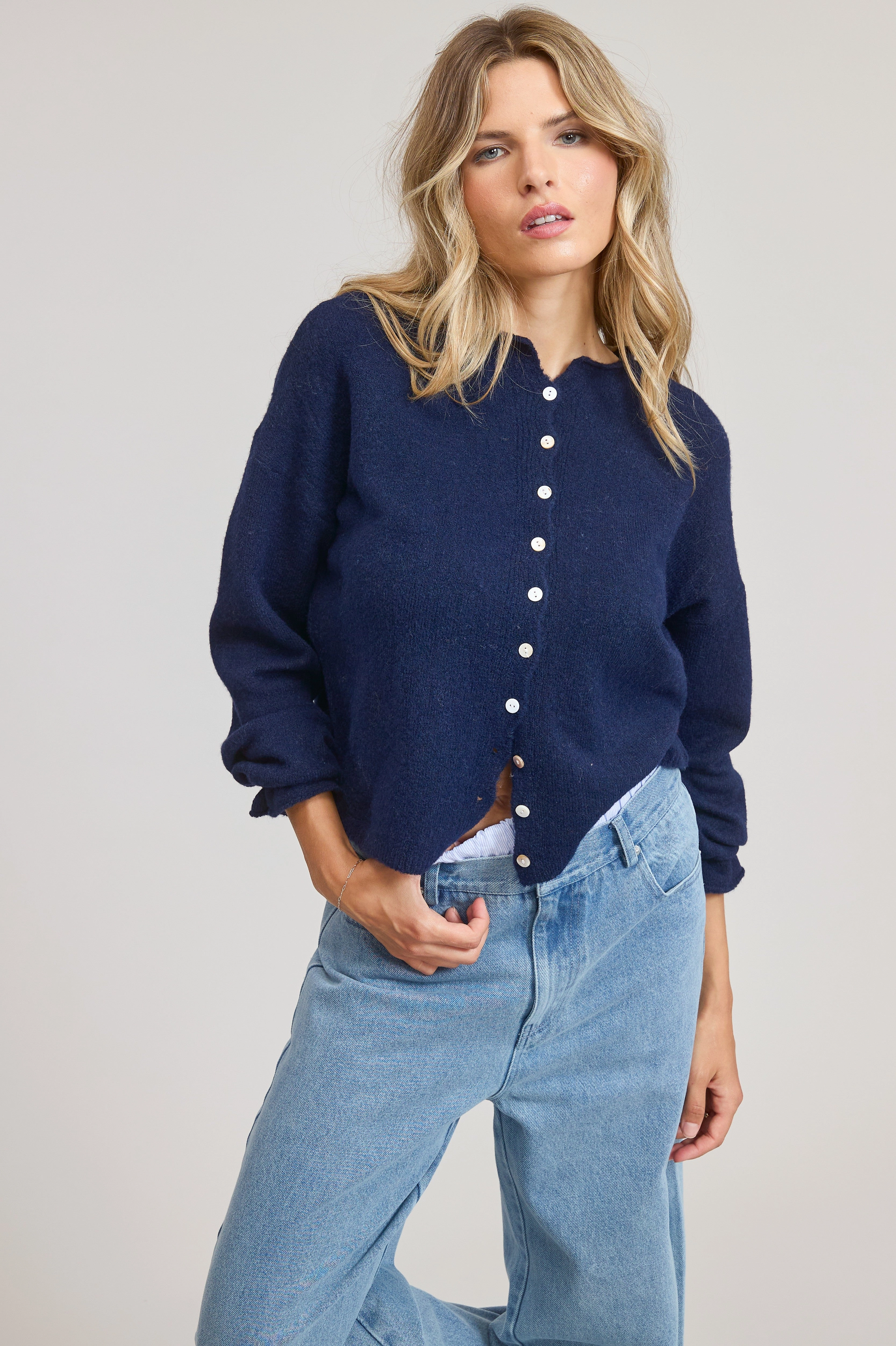 Elise Button Down Cardigan - Navy Lightweight Weave Material