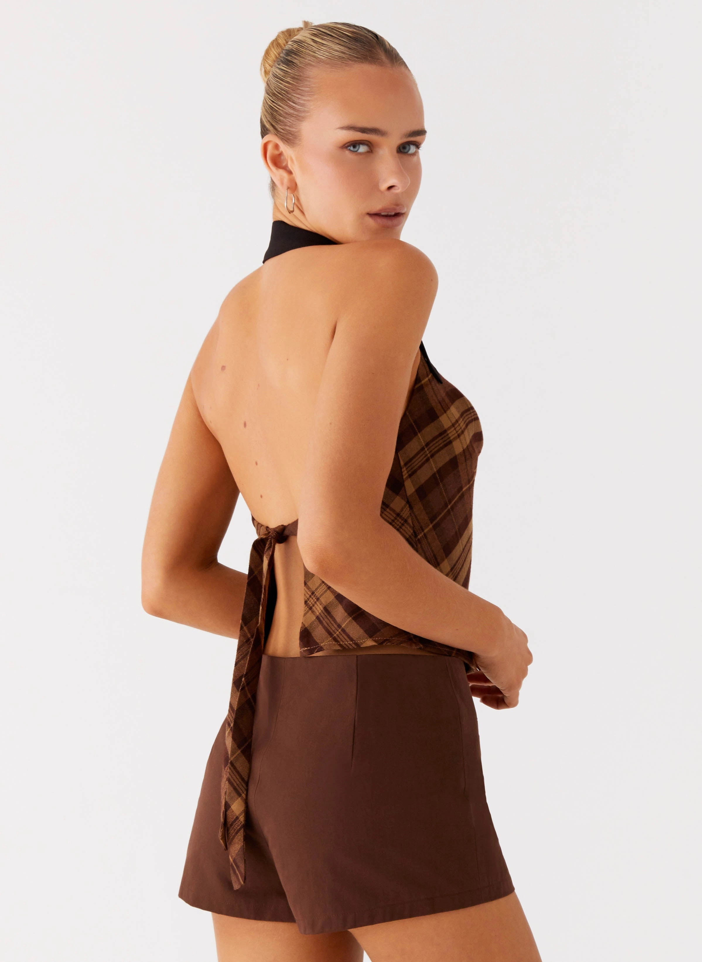 Stateside Cowl Top - Plaid Lightweight Knit Tailored Silhouette