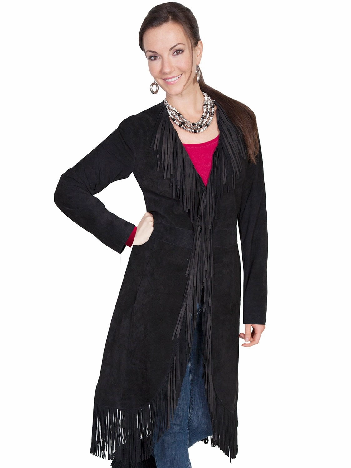 Scully Leatherwear Womens Black Boar Suede Fringe Maxi Coat Cold Climate