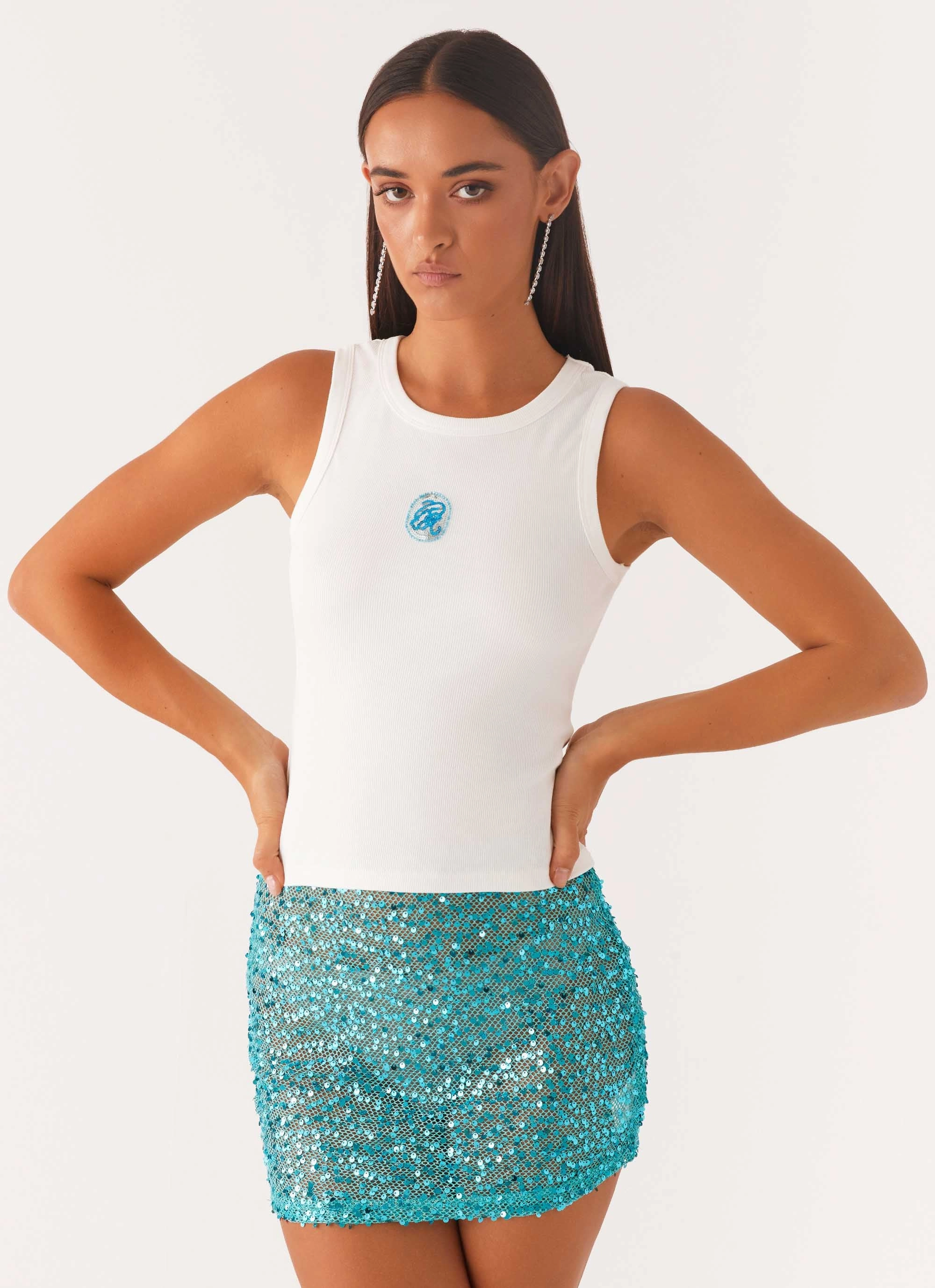 Printed top FasteningHood Signature Beaded Logo Tank - White