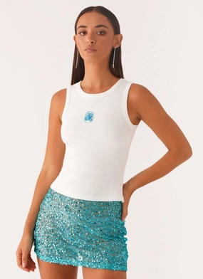 Flexible Knit Blend Signature Beaded Logo Tank - White