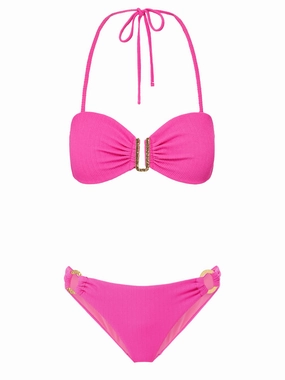 Cindy Top   Ring Trim Bottom in Shocking Pink Texture Breathable Material Tropical Resort