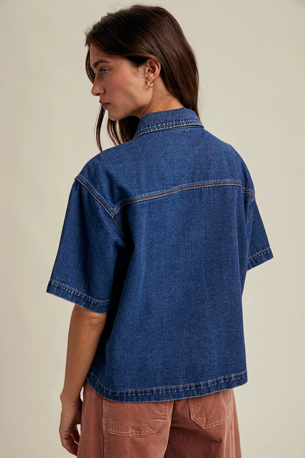 StaticResistantFabric Boxy Denim Button Up Shirt