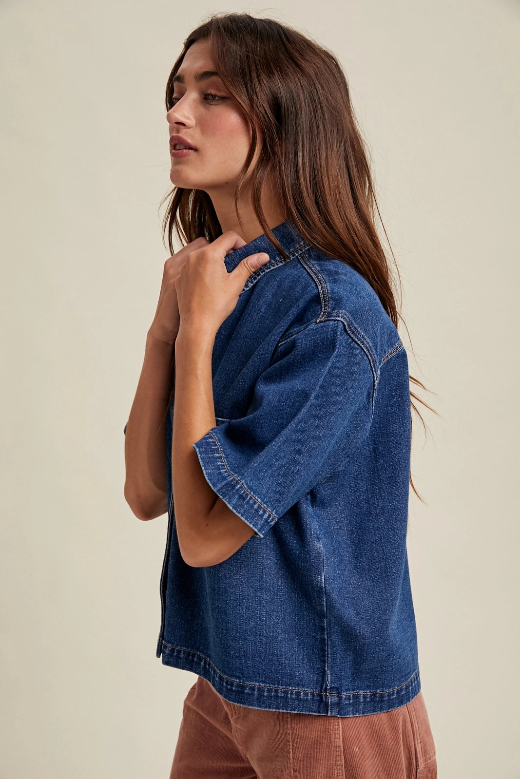 Boxy Denim Button Up Shirt SeamlessKnitConstruction Lightweight Thermal