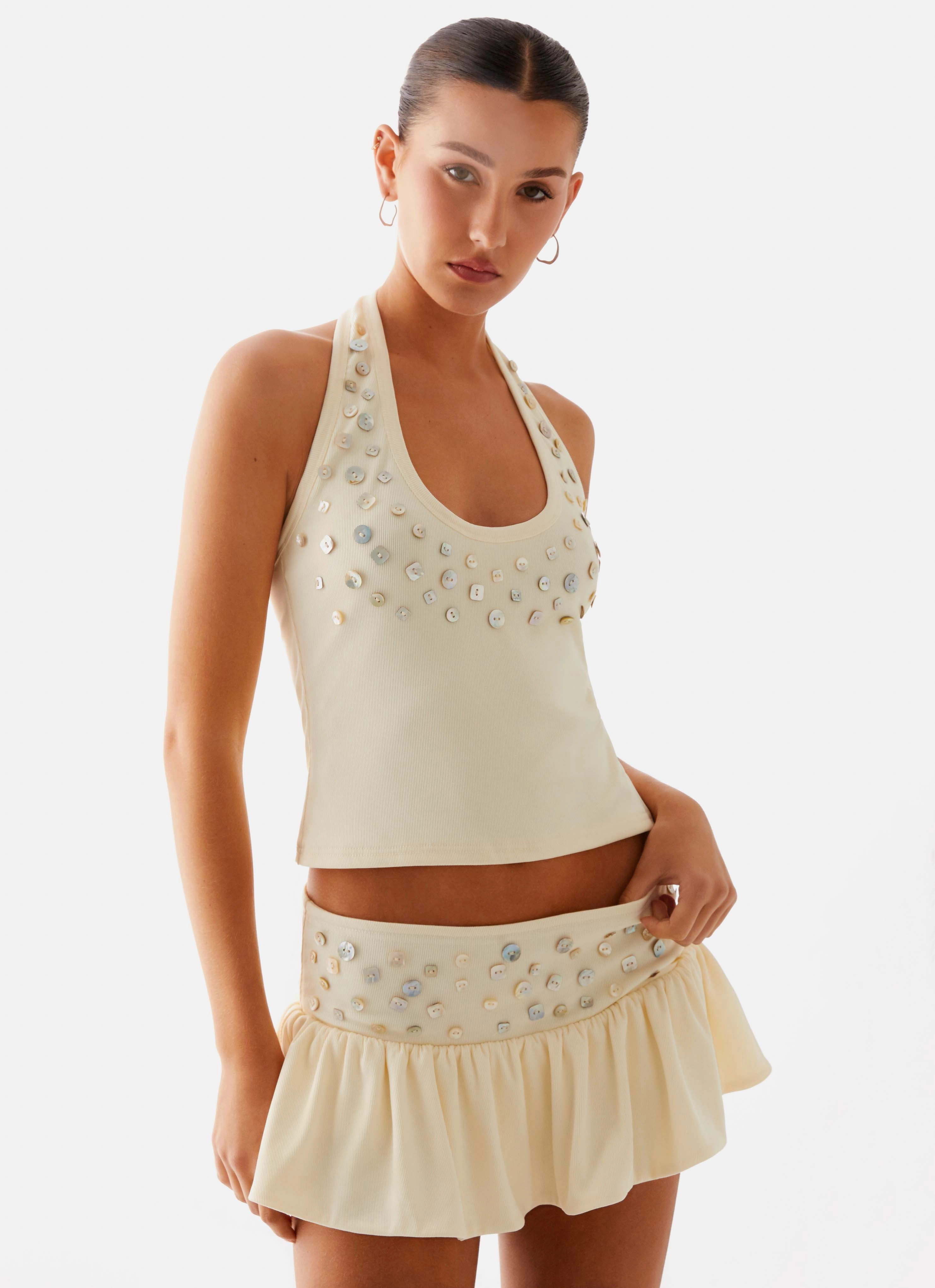 Vegas Nights Halter Neck Top - Yellow Unlined Design Flexible Hemline