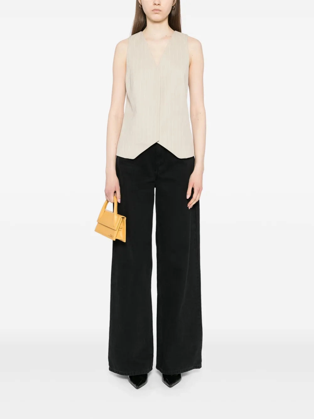 Pinstripe Wool Vest in Latte Multi Directional Zipper Placement