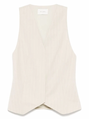 Recycled Polyester Blend Lightweight Design Pinstripe Wool Vest in Latte