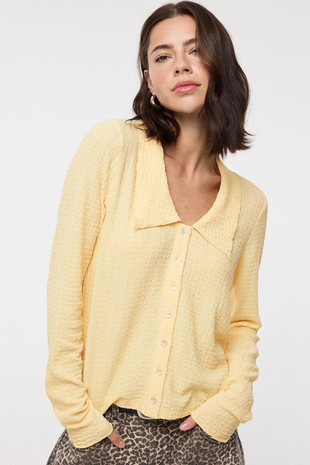 All Purpose Casual Cut WrinkleFree Weaving Textured Button Up Knit Top - Daisy