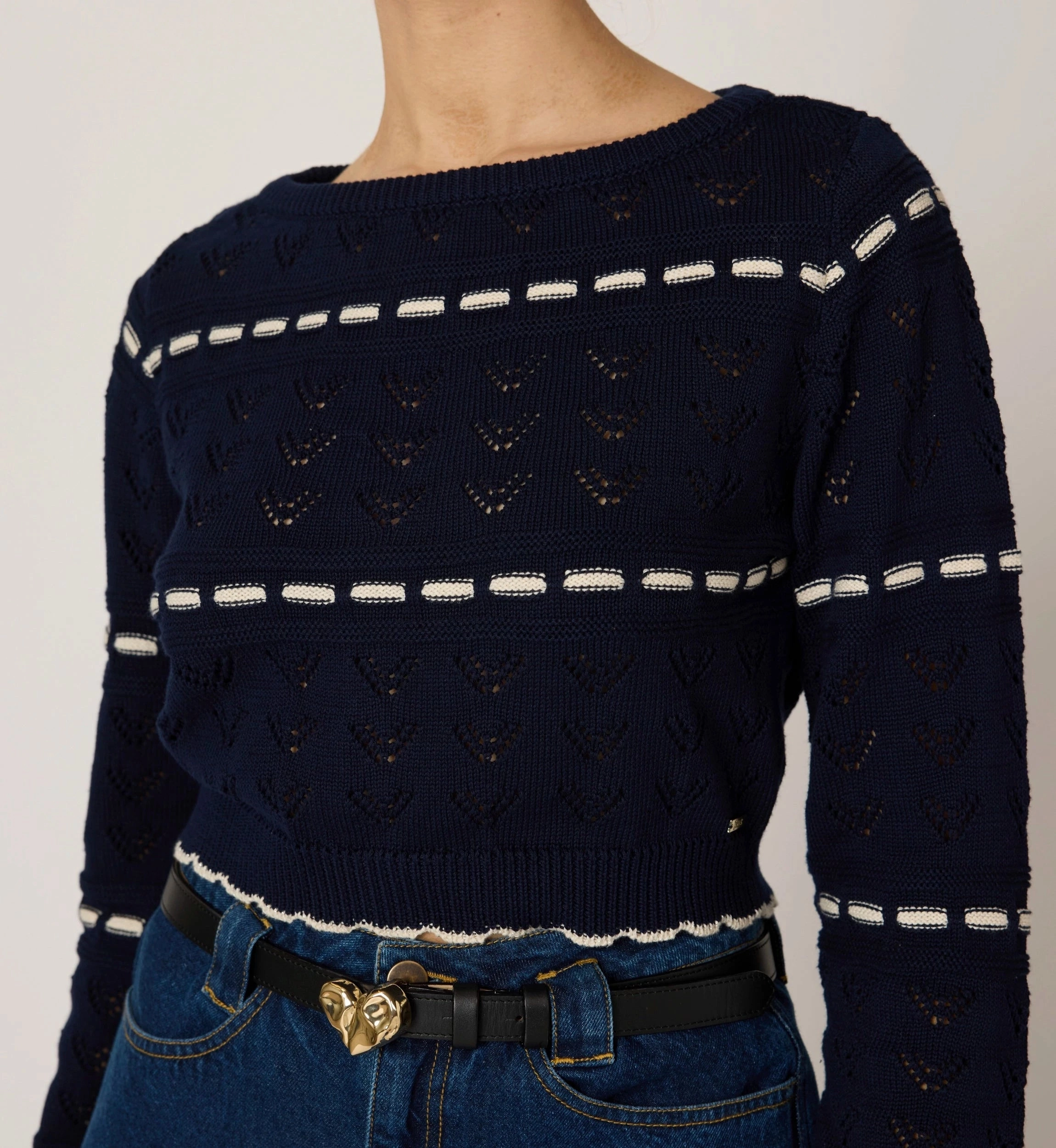 Estrella Sweater | Dark Blue/Ivory Stretch waistband Trendy Sweater