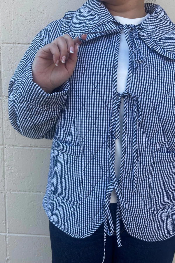 High Neck Design Quilted Gingham Jacket - Navy