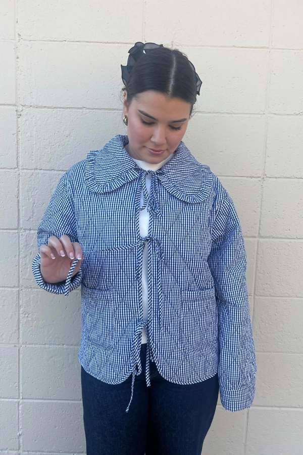 Quilted Gingham Jacket - Navy Loose Blouse