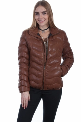 Scully Womens Cognac Lambskin Soft Ribbed Jacket L Layered Neckline