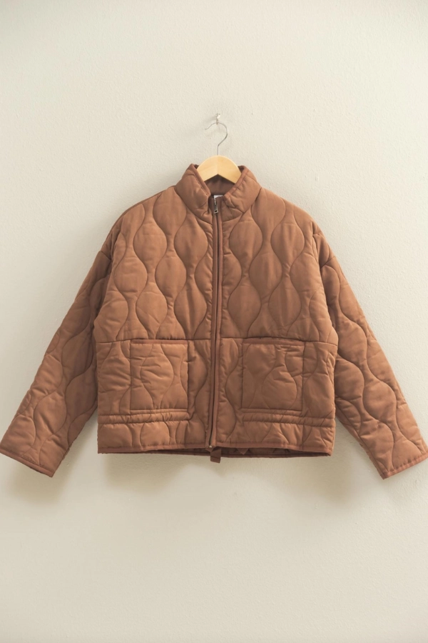Soft Texture DoubleLayered Neckline Quilted Jacket - Chestnut